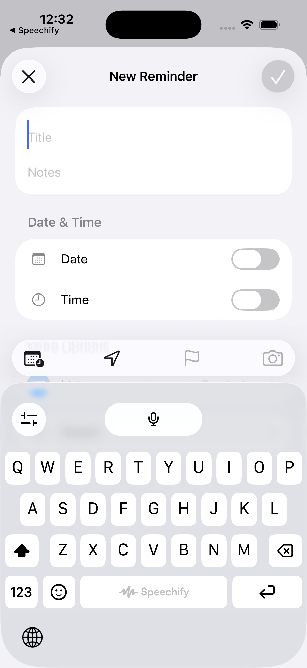 Voice Keyboard, light mode, in Reminders